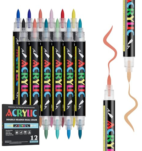 GenuisArt 24 Colors Acrylic Marker With Double Brush Tips Automatic Ink Control, Water Based Ink Paint Markers For Rock, Wood, Ceramic, Glass, Stone, Fabric, DIY Crafts Textile & Art Supplies 12PCS