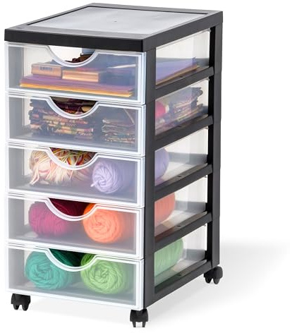 Iris Ohyama Kunststoff-Schubladenbox mit Rollen, 5 flachen Schubladen, Mattweiß, Griffe zum Ziehen, Für Schlafzimmer, Schule & Büro, BPA-frei, Schubladenschrank, Rollcontainer, A4 Drawer, DDDC-350