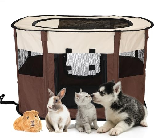 Sea Team Foldable Pet Playpen, Sturdy Odor-Free Portable Dog Cat Cage, Indoor Outdoor Puppy Playpen with Mesh Panels,BROWM S
