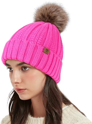 Creekstone Satinfodrade mössor, pom-pom mössa för kvinnor flickor, varm vintermössa stickade skidhattar med fuskpäls pompom, Rosa, one size