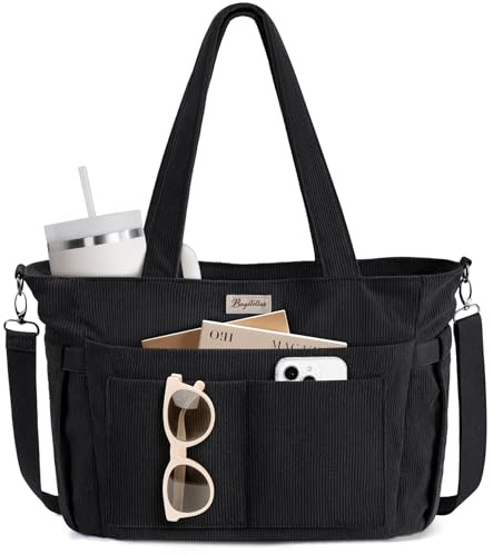 Bagstellar Corduroy Tote Bag for Women, 17 Pockets Laptop Work Tote Bag Lightweight Teacher Nurse Bible Bag for School Travel
