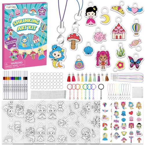 Auihiay 215Pcs Shrink Plastic Kit, 48Pcs Pre-Cut Charms, DIY Shrink Papers for Kids, Unicorn, Mermaid Shapes, Shrinky Art Kit with 12 Markers, Keychains, Ball Chains, Cartoon Stickers Accessories