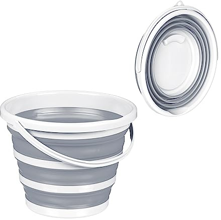 2 x hopfällbar hink, 10 liter, pip, upphängningsring, med handtag, camping- och rengöringshink, grå
