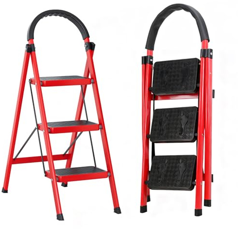 Trittleiter 3 Stufen Klappbar, Stufenleiter mit Handläufen Klapptritt mit Rutschfesten Stufen Haushaltsleiter für Küche, Vorratskammer, Schränke, Büro, Leicht & Platzsparend, Tragkraft 150 kg (Rot)