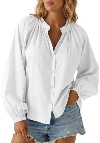 Cicy Bell dam puffärmar blus oversize blus skjorta rund hals button down långärmad skjorta sommar toppar ledig tunika bikini cover up, Vit, M