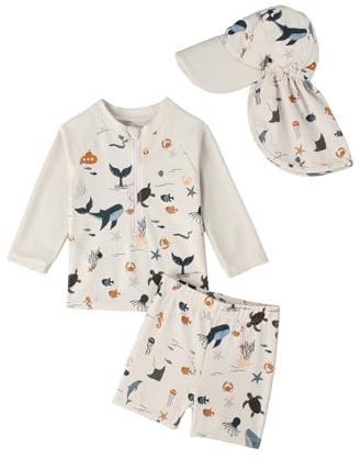 JiAmy Maillot de bain rashguard à manches longues avec chapeau de soleil pour enfant de 6 à 4 ans, Blanc cassé, 18-24 mois