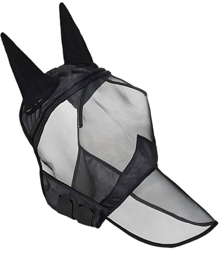 Protezione contro le mosche per cavalli, copertura integrale del viso, design con naso lungo, rete di poliestere, protezione solare, design monopezzo, lunghezza 89 cm, nero