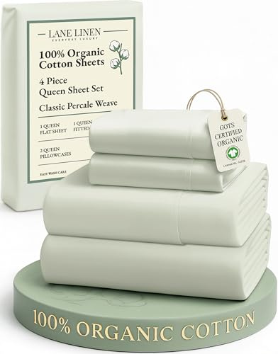 LANE LINEN 100% Organic Cotton Sheets Queen Size Bed Set, Machine Wash Eco Friendly Sustainably Produced Cotton Queen Sheet Set, Soft & Comfy Long Stabple Naturally Cooling Sheets– Mineral