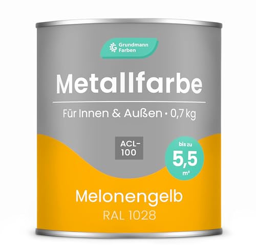 Grundmann Metallfarbe ACL 100 - Gelb 0,7 Kg - Seidenmatt - 4in1 Metallschutzlack inkl. Rostschutz und Grundierung - RAL 1028 Melonengelb