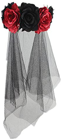 Femme Serre-tête Couronne Florale Rose avec Voile Halloween Bandeau Jour des Morts Mexique Coiffure de Mariée Fantôme Gothique Guirlande de Fleur Vintage Accessoires d'Halloween Déguisement Mariage