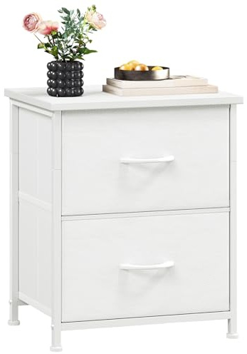 Somdot White Bedside Table, Bedroom Bedside Cabinet with 2 Fabric Drawers, Nightstand Side Table for Kids Living Room Dorm, White Leather
