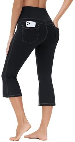 BAYGE Damen Bootcut Yogahose 3/4 Hight Waist Wasserdicht Blickdicht Bauchkontrolle Slim Fit Flared Leggings Jeggings Schlaghose Sweathose Sporthose Arbeitshose Fitnesshose mit Taschen, Schwarz, S