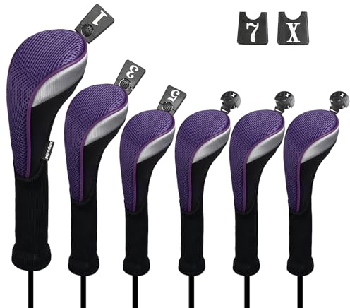 Andux 6pcs/Set Golf Club Head Covers Woods Drivers Fairway Hybrid Set Long Neck (3 Hybrid + 3 Woods) (Black/Purple)