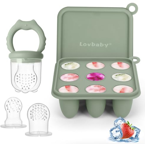 Silikon Fruchtsauger Baby Babybrei Einfrieren Behälter Set, Lebensmittel Zum Kühlen Und Lindern Des Zahnens, Selbstfütterung Zum Obst, Muttermilch, inklusive 3 zusätzlichen Schnullern (Sage)