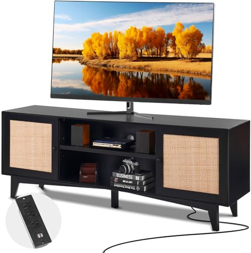 VEVOR Mobile TV in Rattan 1905 mm, Supporto TV Boho con Anta in Rattan, Centro Intrattenimento con Presa Integrata, Armadietto 2 Ripiani, Console TV Moderna per Soggiorno, Sala Multimediale, Nero