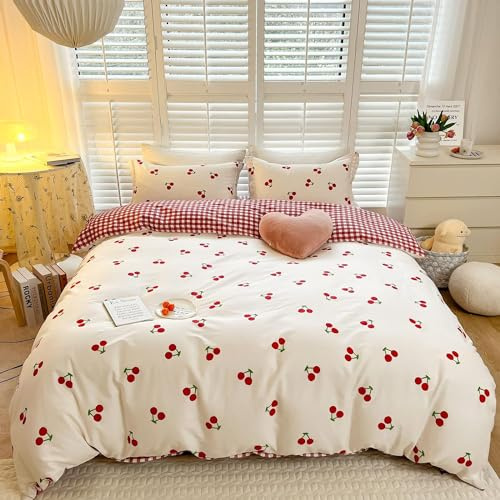 Sedefen Housse de Couette 140x200 cm Rouge Blanc Cerise Ado Adultes Parure de Lit 1 Personne avec Fermeture Éclair Filles Housse Couette Réversible avec 1 Taie d'oreiller 65x65 cm