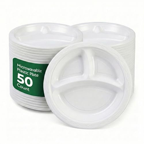 RW Base 9 Inch Microwavable Food Plates, 50 Round Plastic Plates - 3 Compartments, Disposable, White Plastic Dinner Plates, Serve Hot And Cold Foods, For Restaurants And Cafes - Restaurantware