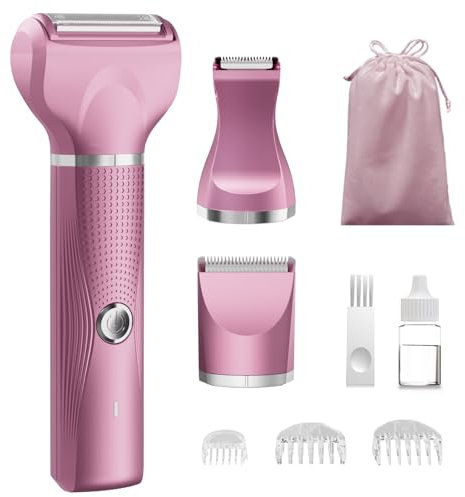 Unibono Rasierer Damen Elektrisch Kit, 3-in-1 Intimrasierer für Frauen, Damenrasierer Nass-Trockenrasierer Trimmer für Bikinizone Achseln Beine, USB-C wiederaufladbar mit Aufbewahrungstasche, Rosa