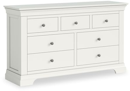 RoselandFurniture Colette White Chest of Drawers for Bedroom | Traditional Wide 2 Over 3 Painted Solid Pine Large Wooden Storage Chest with 7 Draws and Plinth Base | Fully Assembled