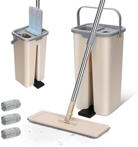 Mocio Lavapavimenti con Secchio, Masthome Mocio Rotante a 360° e Secchio Autolavaggio, Mocio Secchio e Strizzatore con 3 Tamponi Microfibra, Mocio Pavimenti per Parquet Legno (Beige)