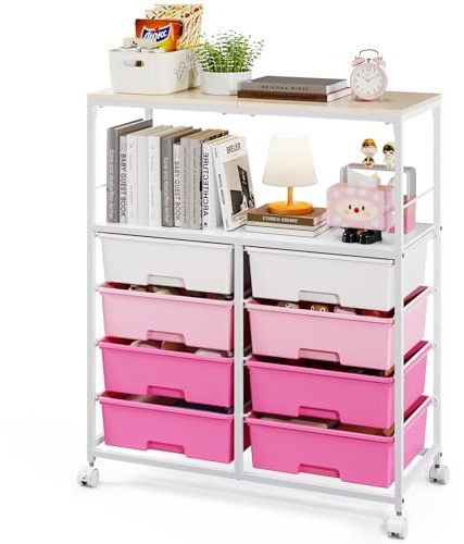 SYKIARIOL Rollwagen Badrollwagen Rollcontainer mit 8 Schubladen Allzweckwagen Metallgestell Aufbewahrungswagen Beistellwagen für Büro,Küche,Bad,Wohnzimmer, feststellbaren Rädern,Rosa