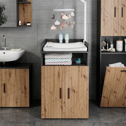 Vicco Wickelkommode Irma, Anthrazit/Artisan, 60 x 97 cm mit Wickelaufsatz