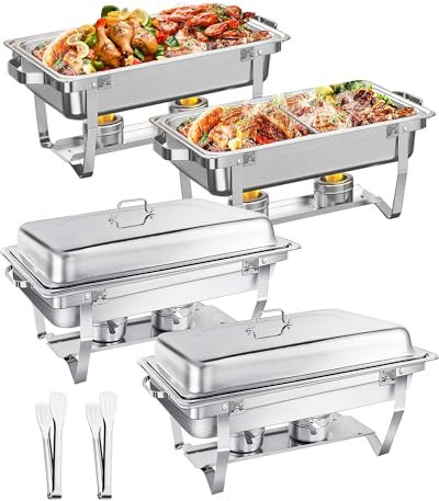WENMILY Chafing Dish Buffet Set 9L [Robusto, 4 recipientes de Acero Inoxidable, Calentadores de Alimentos para Catering, Buffet y Fiestas, Incluye Pinzas para Servir (cuadradas