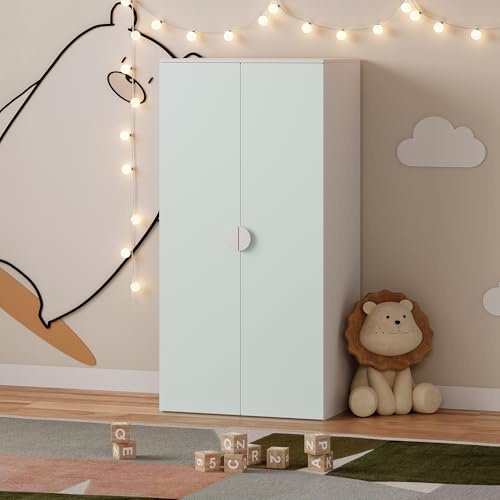 [en.casa] Armadio per Cameretta a 2 Ante con Barra Appendiabiti e Scomparto Mobile Guardaroba per Bambini con Ripiano a Misura di Bimbi 123 x 60 x 40 cm - Bianco/Menta Verde