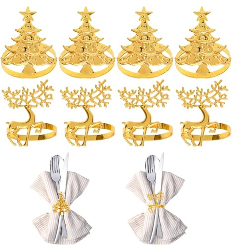 Weniubit 8 st julservettringar guld, älg servetthållare och jul reree servettringar, guld servettring för jul, bordsdekor, bröllop, festmiddag, tacksägelse, semester