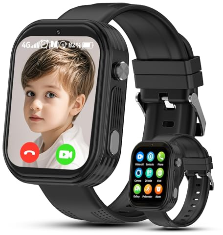 kaacly Reloj Inteligente Niño 4G con GPS Videollamadas HD Chat Familiar SOS Teléfono,IP68 Resistente al Agua, Smartwatch Niños Regalos para Niños Niñas 6-13 años (Black)