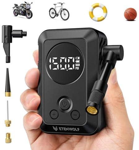 ETENWOLF Mini Bike Pump,20s Fast Inflate Bicycle Pump with Guage,150PSI Portable Electric Bike Air Pump with Presta and Schrader Valve for Mountain Bike,Road Bike,Motorcycle,Sport Ball (Black)