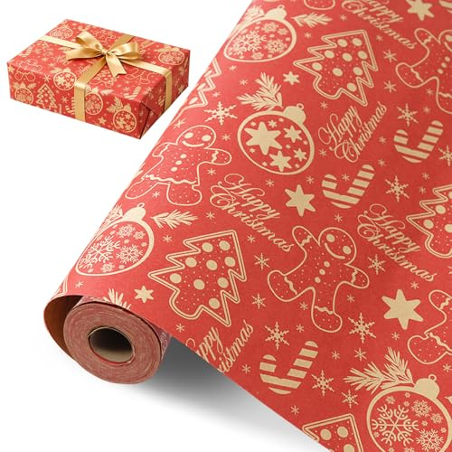Rött presentpapper julrulle, presentpapper stor rulle 43 cm x 15 m, julklappspapper kraftpapper för vuxna, för jul jul jul papper födelsedag present förpackning