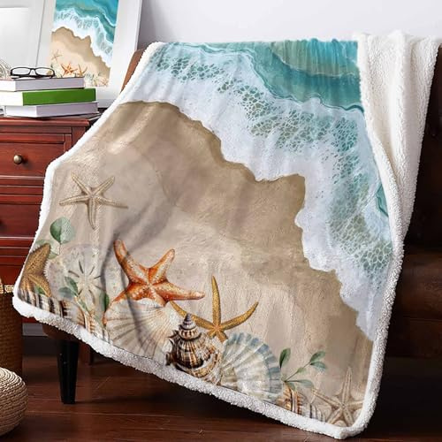 Tuuxaojbgas Summer Beach Sherpa Throw Blanket Spray Ocean Waves Sand Seashell Starfish Fluffy Cozy Sherpa Fleece Blanket Fuzzy Plush Warm Flannel Throw Blankets for Couch, Bed, Sofa 50x60