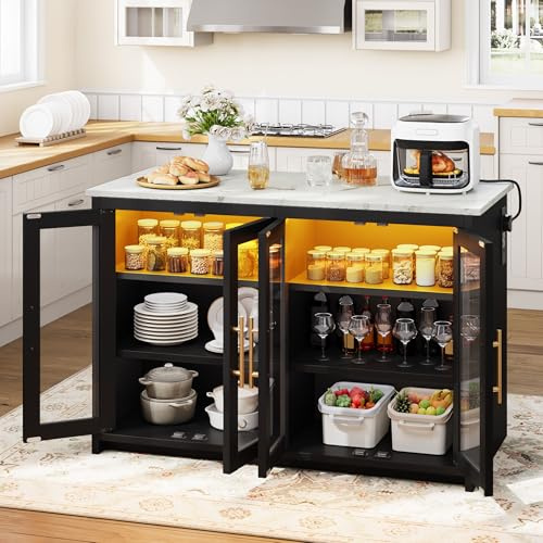 YITAHOME kitchen island with Power Outlet and LED Lights, breakfast bar table with seating space, double cabinets with Acrylic Doors, three layer adjustable Cabinet, 130 * 60 * 88.5cm, Marble effect