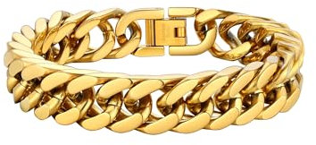 PROSTEEL Herren Armband 18k vergoldet Panzerkette Armband schwer Glieder Link Kettenarmband 21cm Armkette Armreif, 12mm Breit, gold