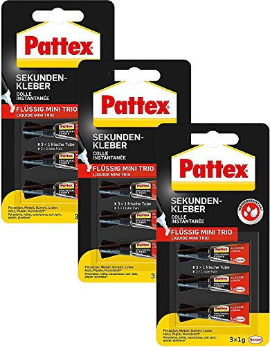 Pattex Sekundenkleber Flüssig Mini Trio / Lösungsmittelfreier Flüssigkleber / Schnell trocknend, wasserfest und transparent / 3 x 1g (9 Tuben, 3 x 1g)