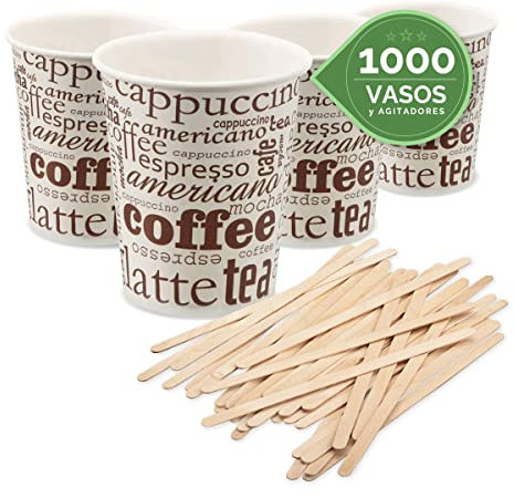 TELEVASO 1000 Vasos Desechables 200 ML Cafe Vasos Carton Desechables con 1000 agitadores Cafe, Vasos ecologicos Reutilizables Bebidas Calientes, te, Leche, Resistentes al Calor, Capacidad