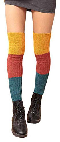 FHEDE Damen Mädchen Drei-Farbe Extra Lang Basic Leg Warmer Gestrickte Over-Knee Lange Stulpe Beinstulpe Tanzen Strumpf (Gelb + Orange + Rot)