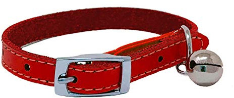Cat Collar Real Leather with Safety Elastic, Bell, Available (Red)