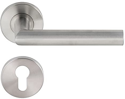 Aperit Türgriff: Edelstahl Türklinke Paar mit PZ Rosetten - Rund - Matt - Drückergarnitur für Innentüren - T-Modell - EN1906 Klasse 3-49.203.01