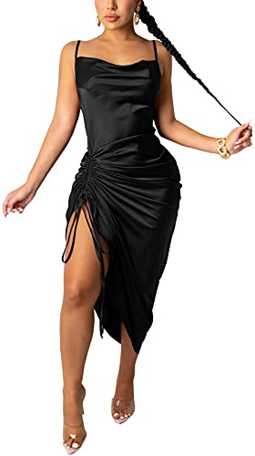 WUSENST Women's Spaghetti Strap Satin Dress Sexy Backless Drawstring Ruched Split Hem Cocktail Evening Party