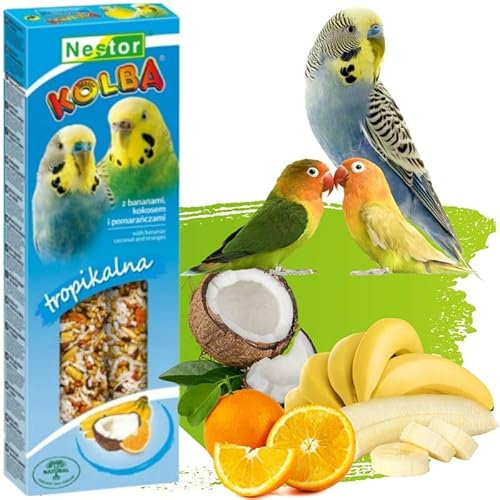 2x Budgie Sticks TROPICAL with COCONUT and BANANAS Parakeets Flask Bird Food 85g Canary Parrots Parakeet Finches Canaries Budgies Pet Pack of Two Treats Seed with Hooks