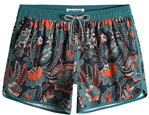 maamgic Mens Swim Trunks Retro Swim Shorts 4 Way Stretch with Mesh Vintage 80s 90s Quick Dry Swimsuits Board Shorts Baroque Flora Navy Large