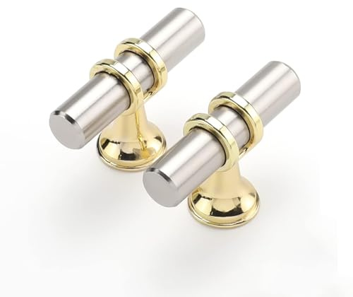 Haliwu 10 Pack Brushed Nickel Cabinet Knobs, Gold Cabinet Knobs Kitchen Handles Gold Kitchen Hardware, Single Hole Pulls T Bar Pulls