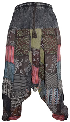 Gheri Män lappverk sten tvättad yoga bohemisk säckig tryckt haremsbyxor, Svart lapp, L/XL