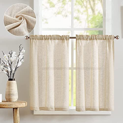 TOPICK Scheibengardinen Leinenoptik Bistrogardine für Wohnzimmer Küche Kleine Fenster Lichtdurchlässig Küchenvorhänge Kurz Gardinen Moderne Landhaus Scheibengardinen Tunnelzug 2er Set 65x60 cm Natur