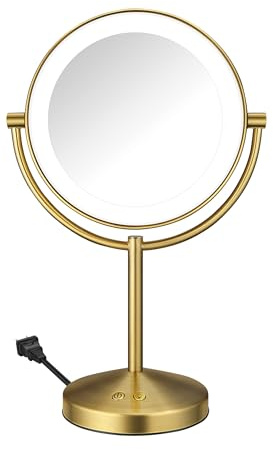 Conair Lighted Makeup Mirror, Double-Sided LED Vanity Mirror with 1X/10X Magnification, 3 Light Settings, 3 Modes, 360° Rotation, Brushed Brass Finish