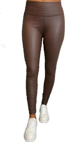 STAR FASHION Ladies High Waist Faux Leather Elastic Wet Look Soft Stretchy PU Leggings Thick Hip Push Up Pants Stretchy Fleece Tight Fit Trouser Chocolate 12-14