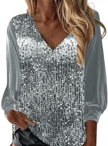 Camisetas Manga Larga Mujer Lentejuelas Cuello en V Manga Larga Camisetas Casuales Brillante Elegantes Sueltas Blusas y Camisas Tallas Grandes Fiesta Chic Clubwear Casual T-Shirt Top