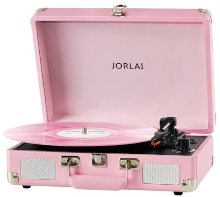 JORLAI Pink Vinyl Record Player 3 Speeds Portable Suitcase Turntable with Built-in Dual Speakers, Bluetooth Gramophone with Built-in Battery 3.5mm Aux Input/RCA Output